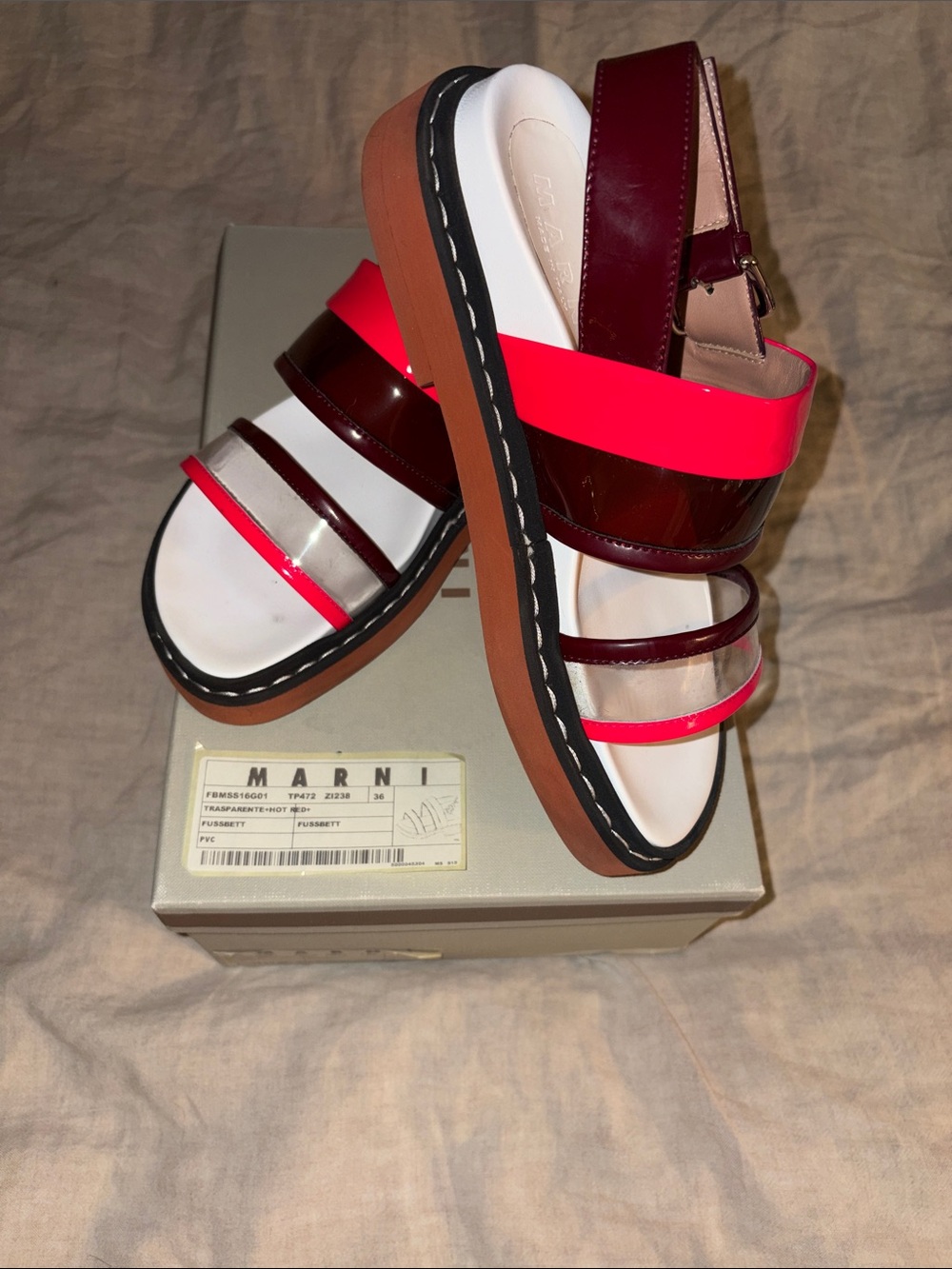 Marni Fussbett Sandal in Translucent, Hot Red and Pink, size 36